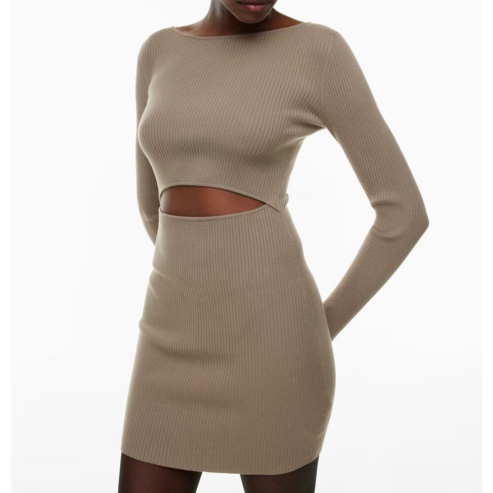 Wilfred Aritzia Women's Cutout Knit Longsleeve Mini Dress Nomad Taupe Size S